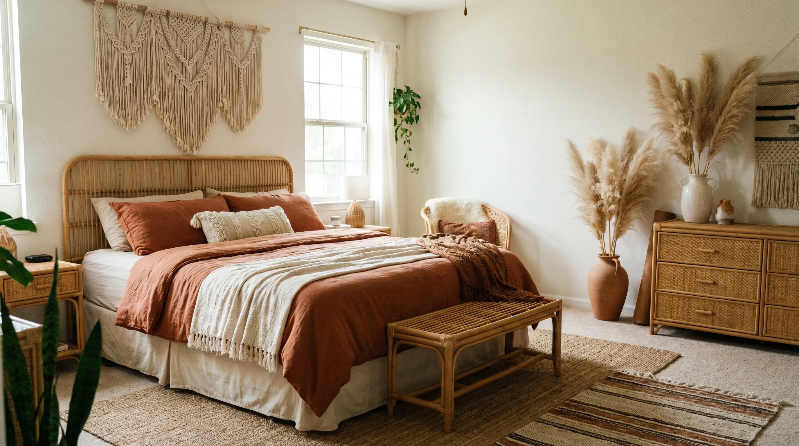 Boho master bedroom with macrame, terracotta bedding, and rattan accents