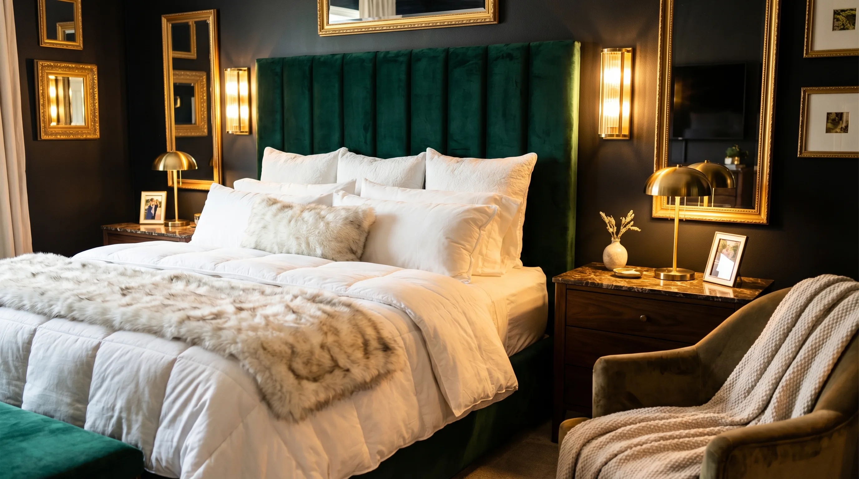 Luxurious cozy master bedroom with emerald velvet headboard and gold accents