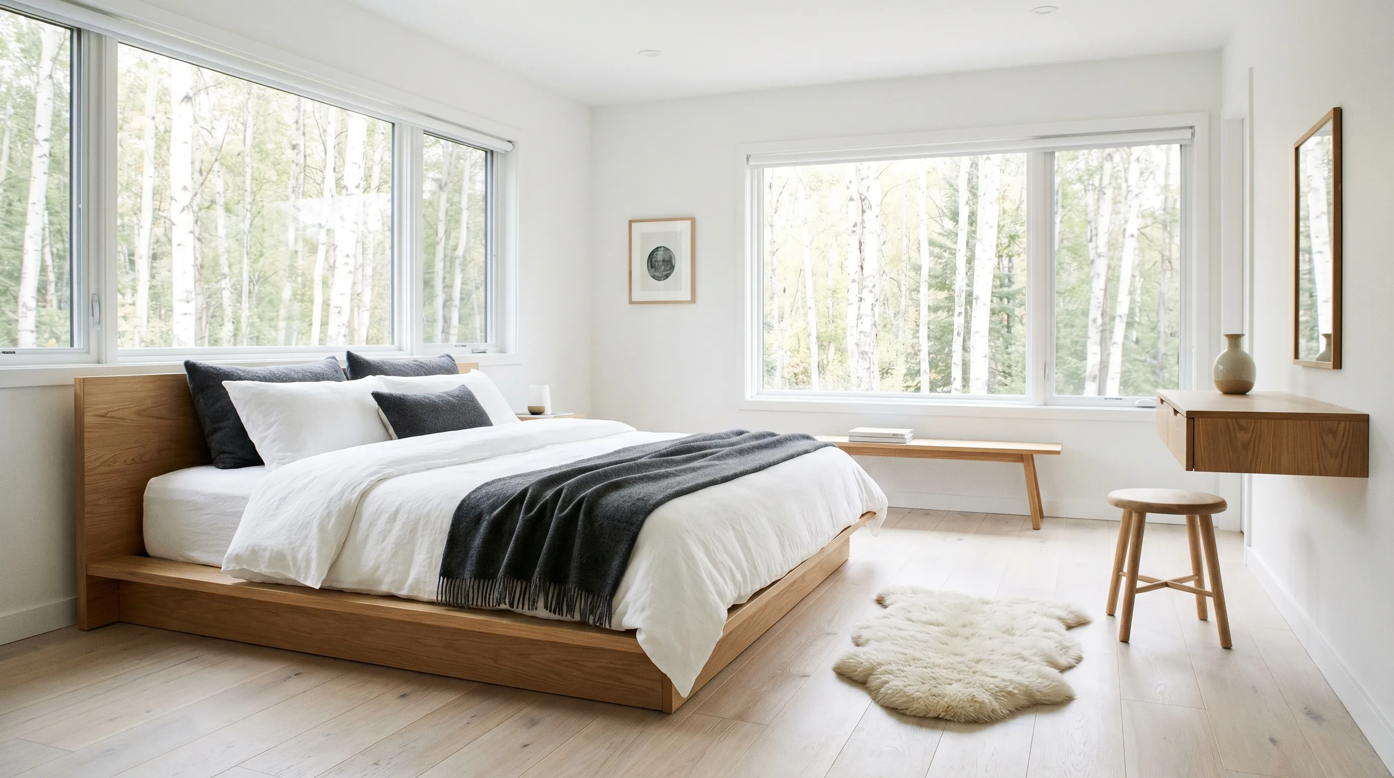 Scandinavian-style master bedroom with light wood furniture and crisp white bedding