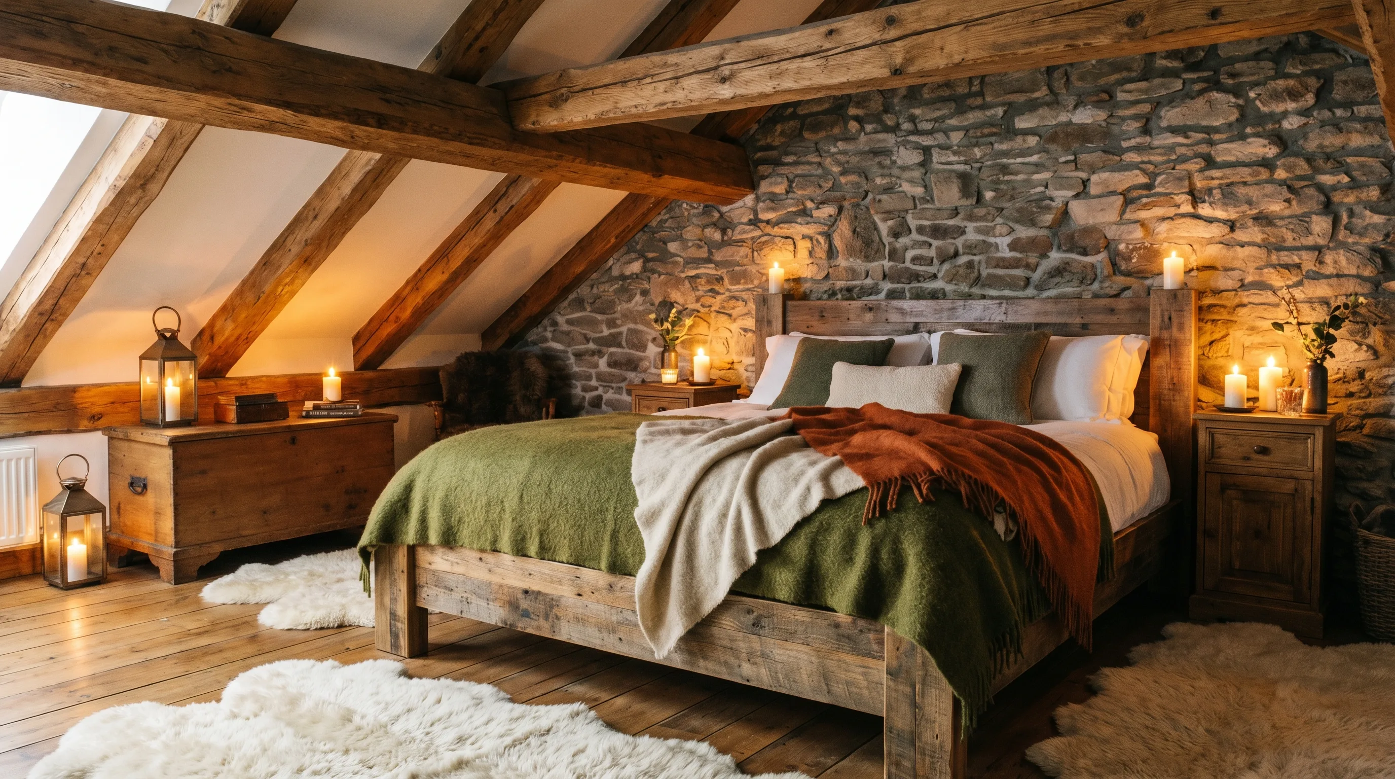 Rustic cozy bedroom with exposed beams, stone wall, and earthy wool blankets