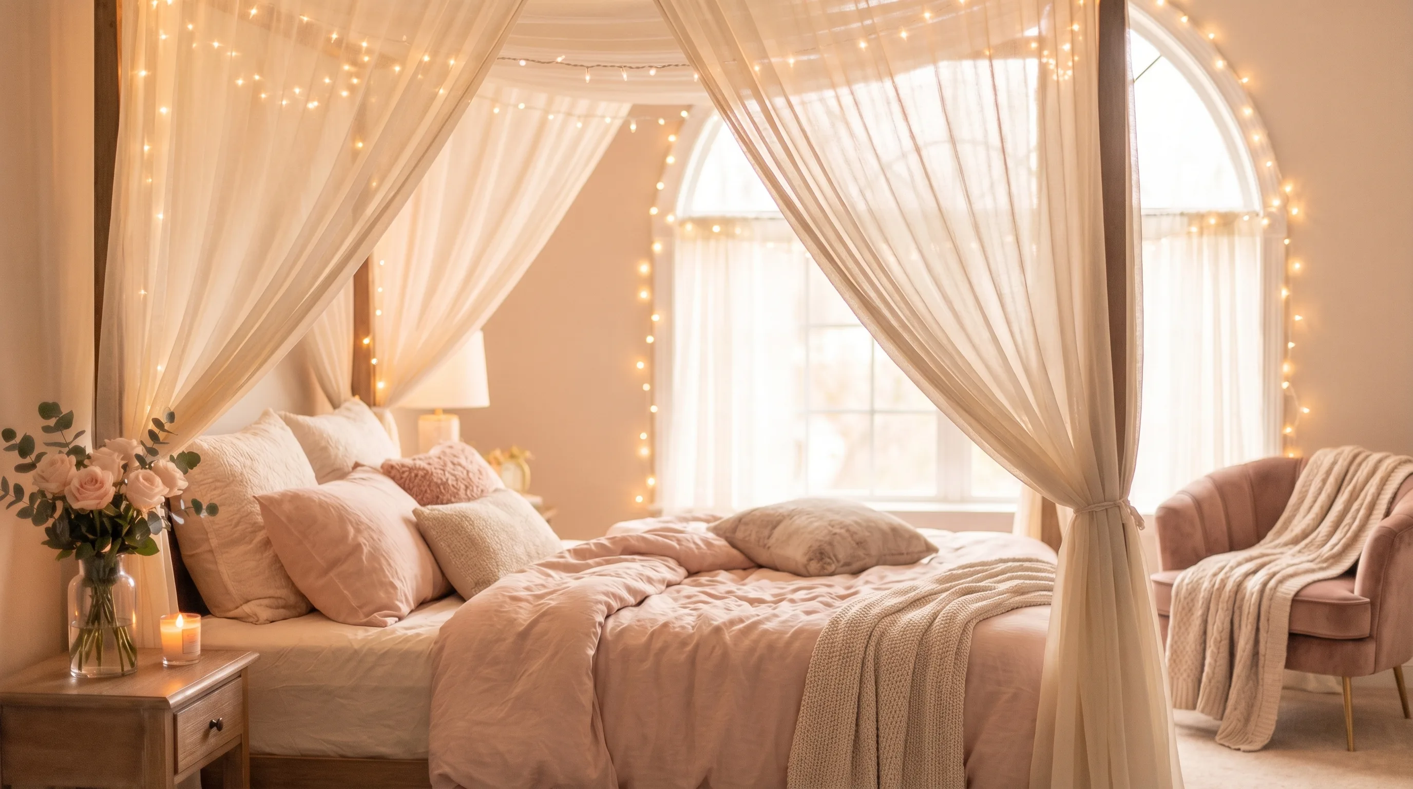 Romantic master bedroom with blush bedding, canopy drapes, and fairy lights