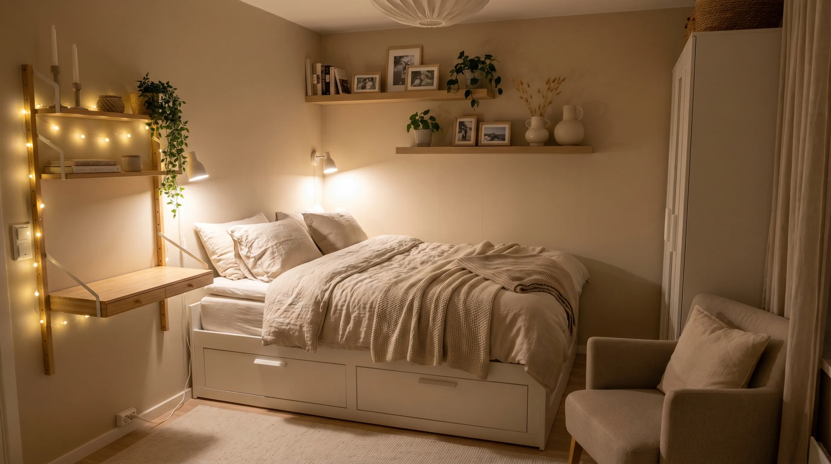 Small cozy master bedroom with neutral tones, wall shelves, and layered bedding