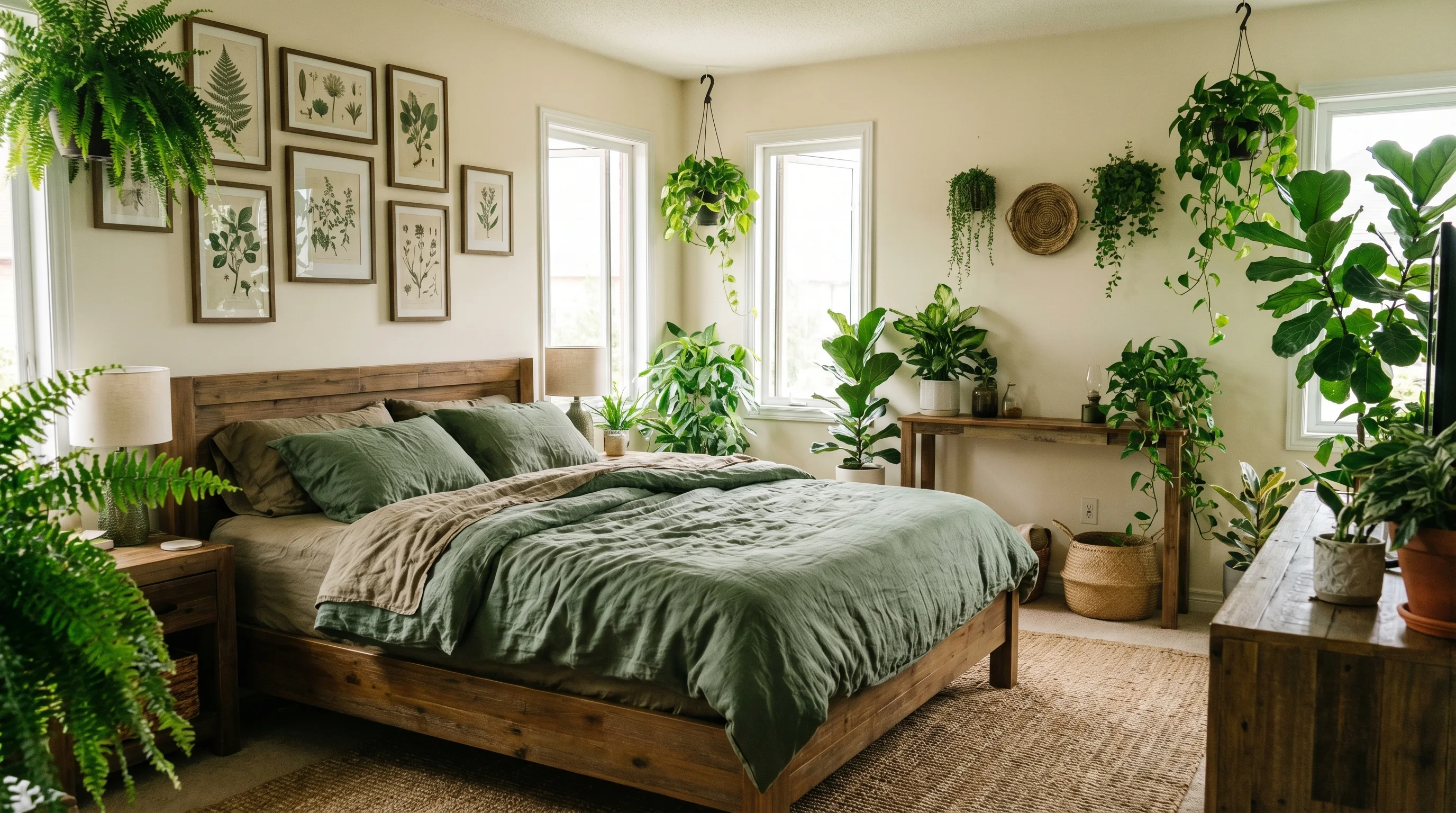 Nature-inspired master bedroom with botanical prints, plants, and earthy tones