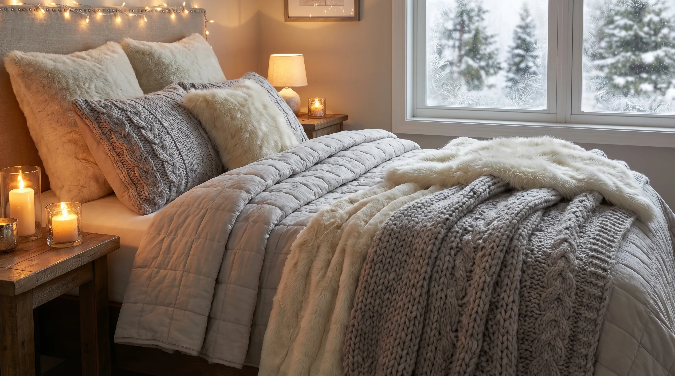 Cozy winter-themed master bedroom with faux fur throws, candles, and layered blankets