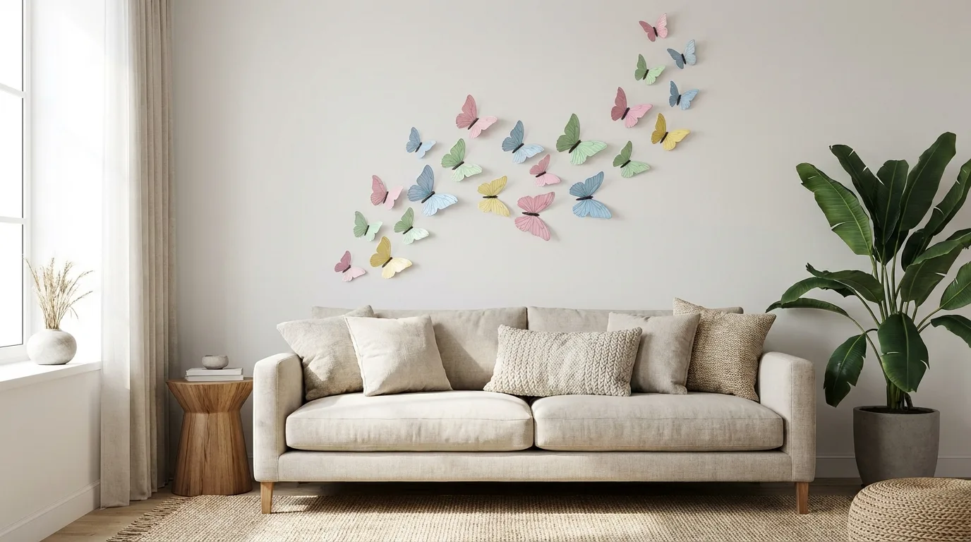 Living room with pastel 3D butterfly wall art arranged above a neutral sofa