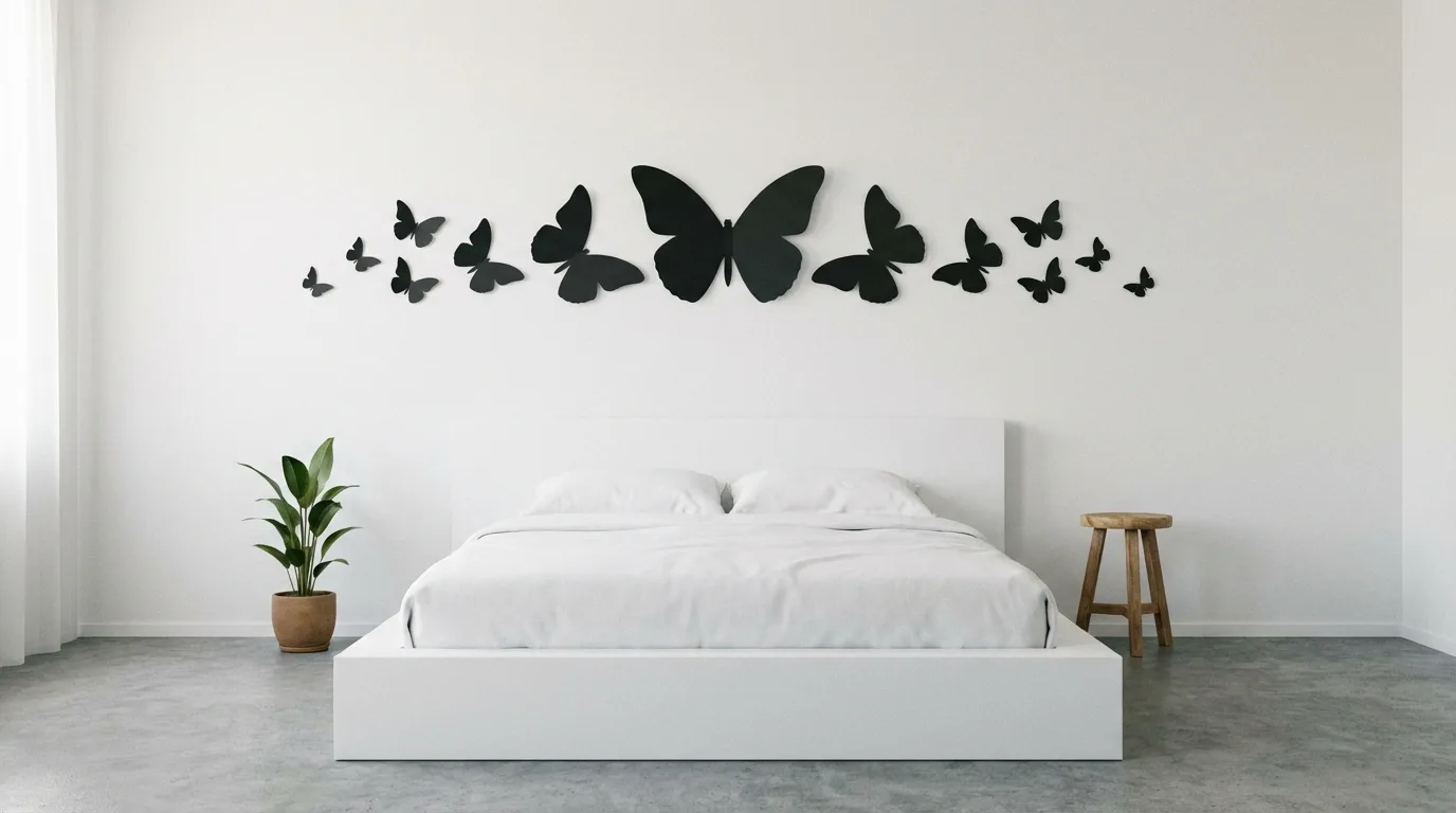 Minimalist bedroom wall with black butterfly silhouettes above a white bed