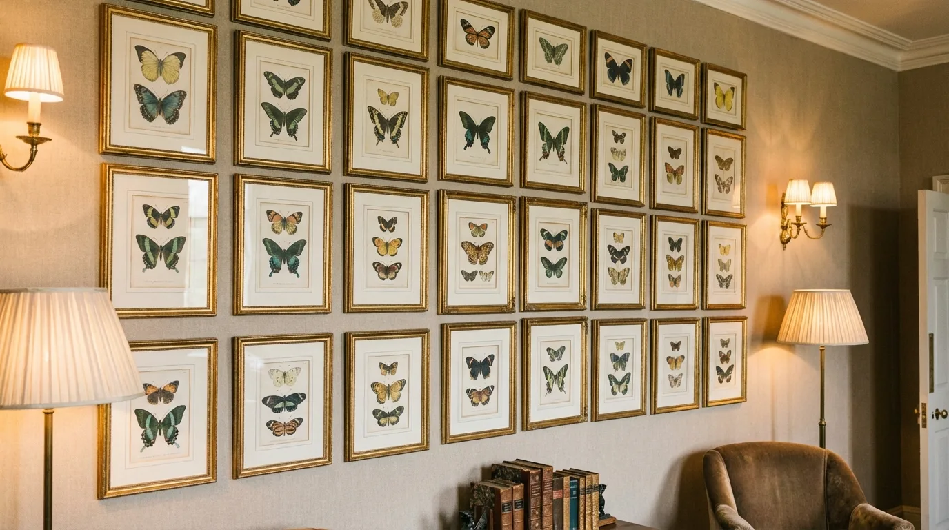 Gallery wall of vintage butterfly illustrations in gold frames