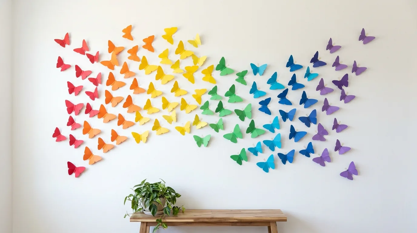 DIY paper butterfly wall art in a colorful gradient pattern