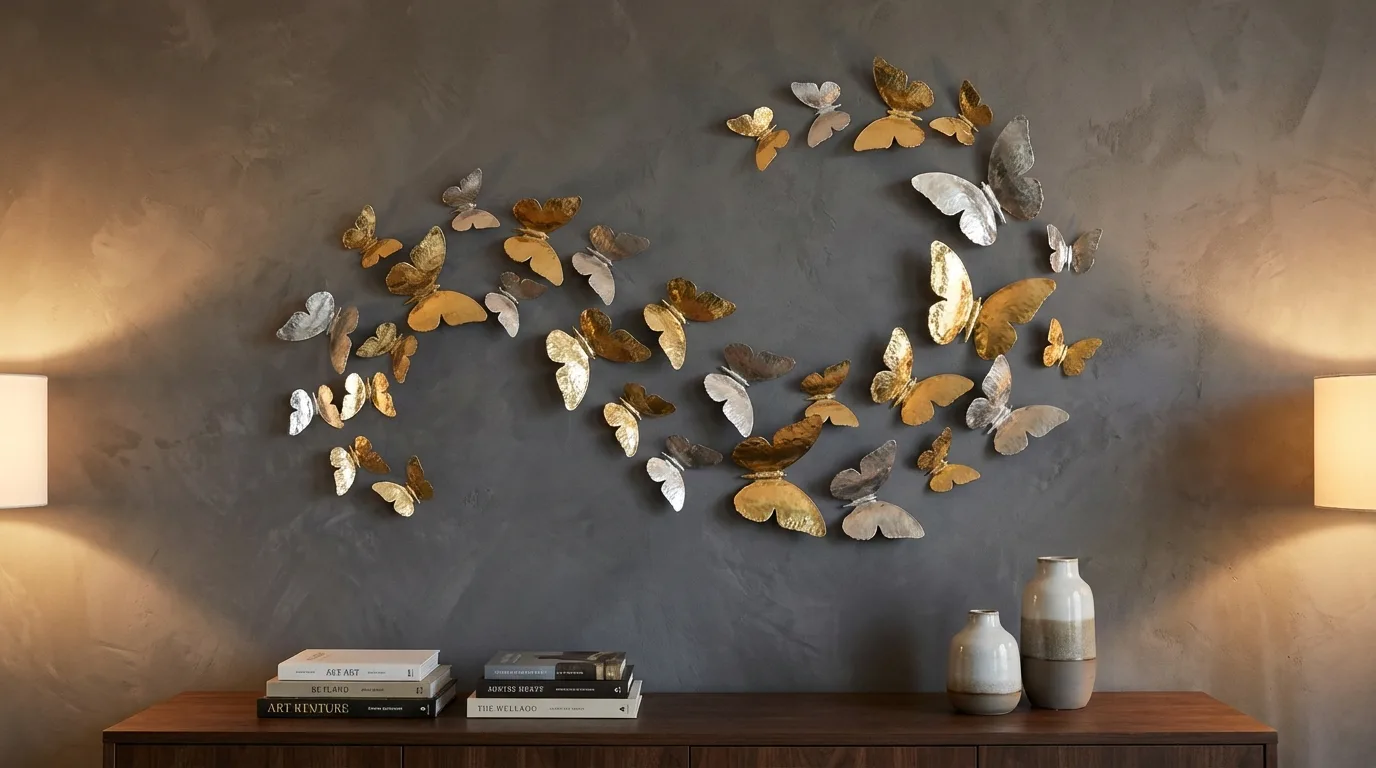 Metallic butterfly wall decor in gold and silver above a console table