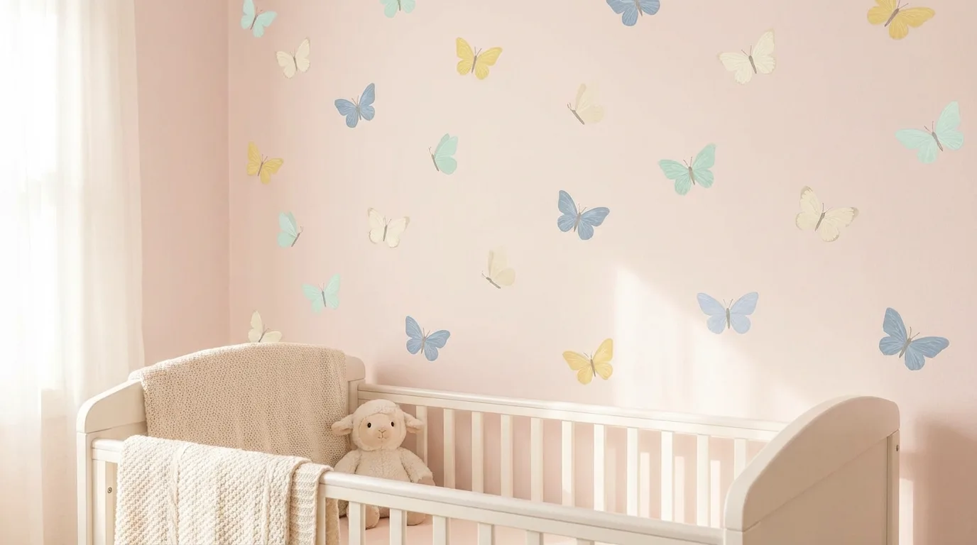 Nursery wall with pastel butterfly decals on a light pink background