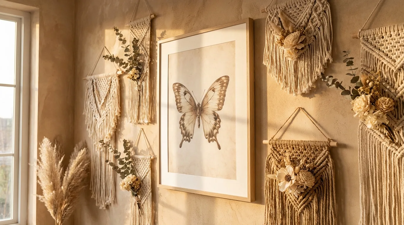 Boho wall decor with butterfly art, macrame, and dried flowers