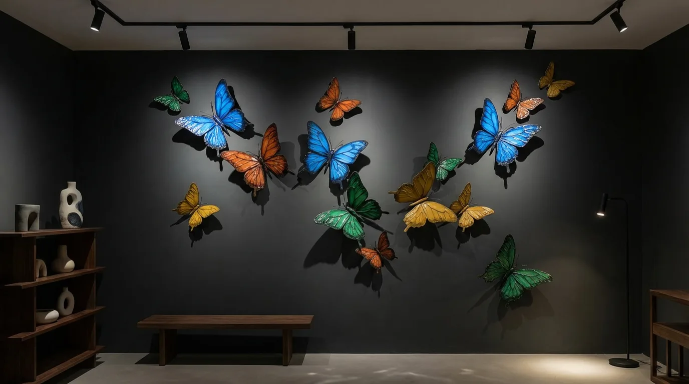 Accent wall with oversized colorful butterfly wall sculptures