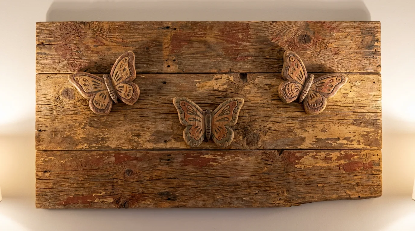 Rustic wall decor with wooden butterfly carvings on distressed wood panel