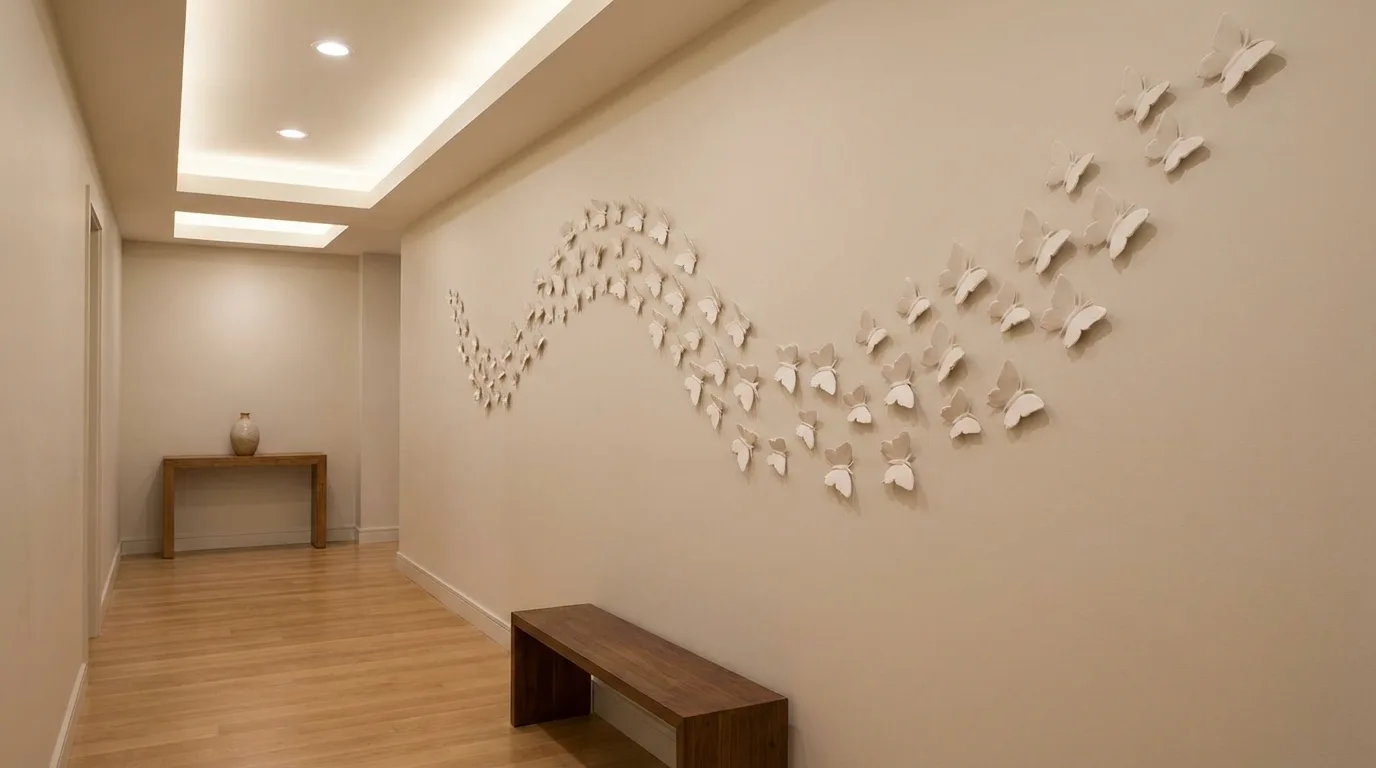 Elegant hallway wall with white ceramic butterflies arranged in a swirling pattern