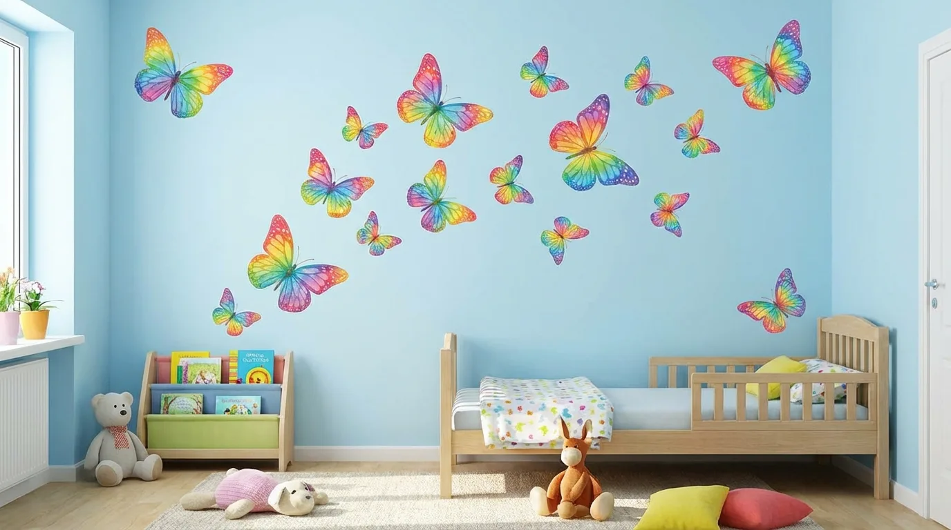 Children's room wall with colorful butterfly decals in rainbow tones