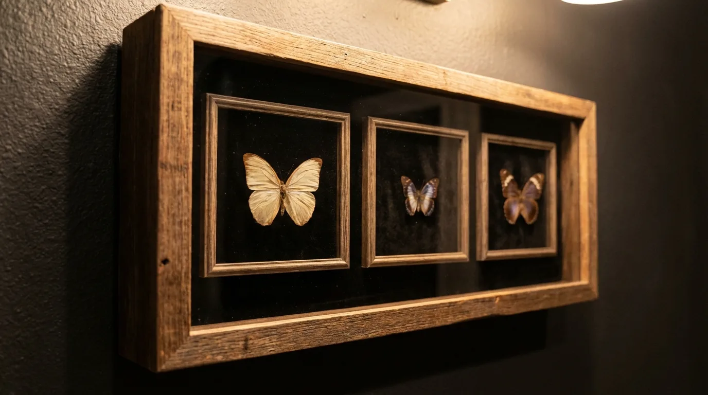 Shadow box wall art with preserved butterfly specimens in glass frames