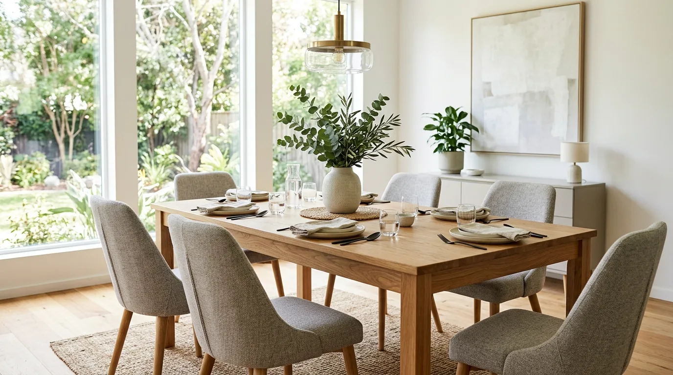 Modern dining room with wood table, upholstered chairs, and greenery centerpiece