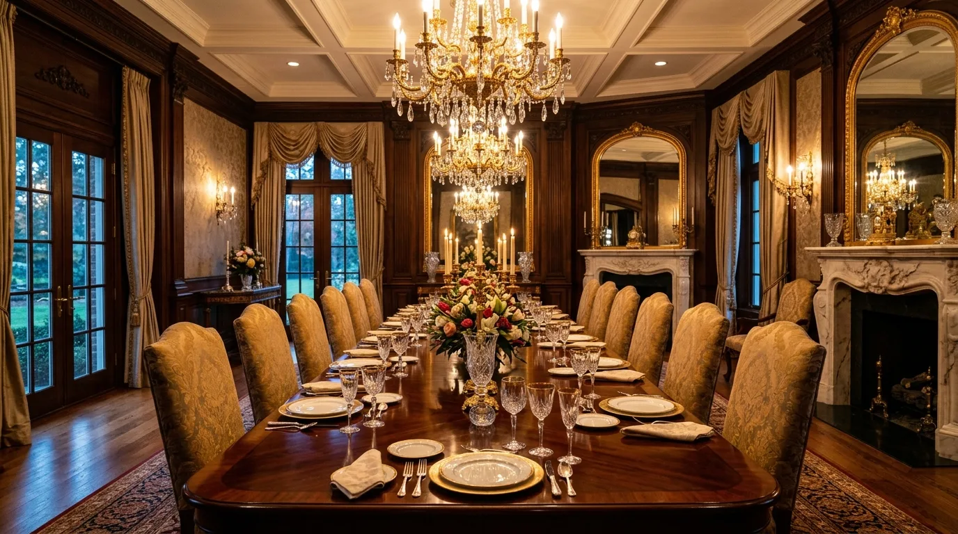 Luxury dining room with polished table, gold chandelier lighting, and elegant tableware