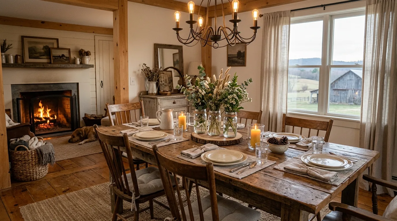 Rustic farmhouse dining room with reclaimed wood table and mason jar centerpiece