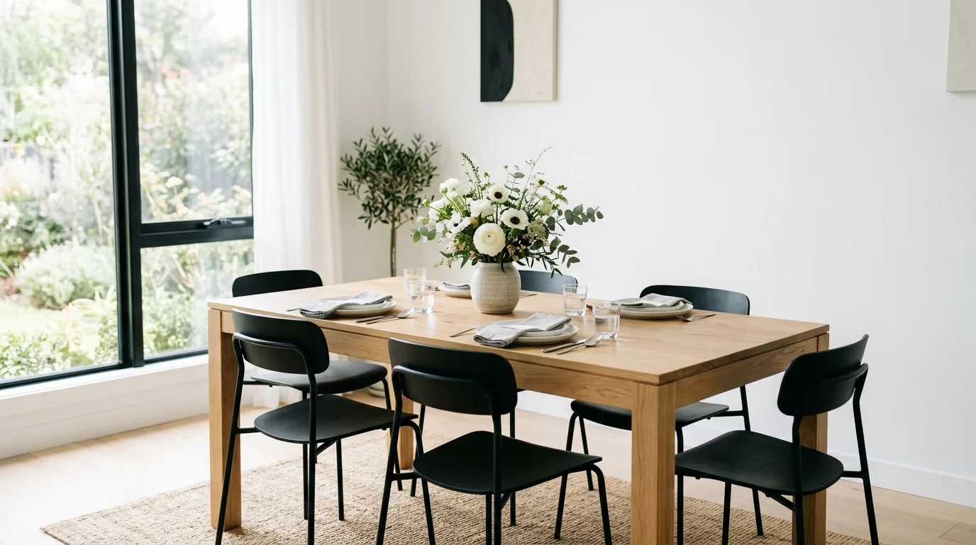 Minimalist dining room with white walls, black chairs, and floral centerpiece