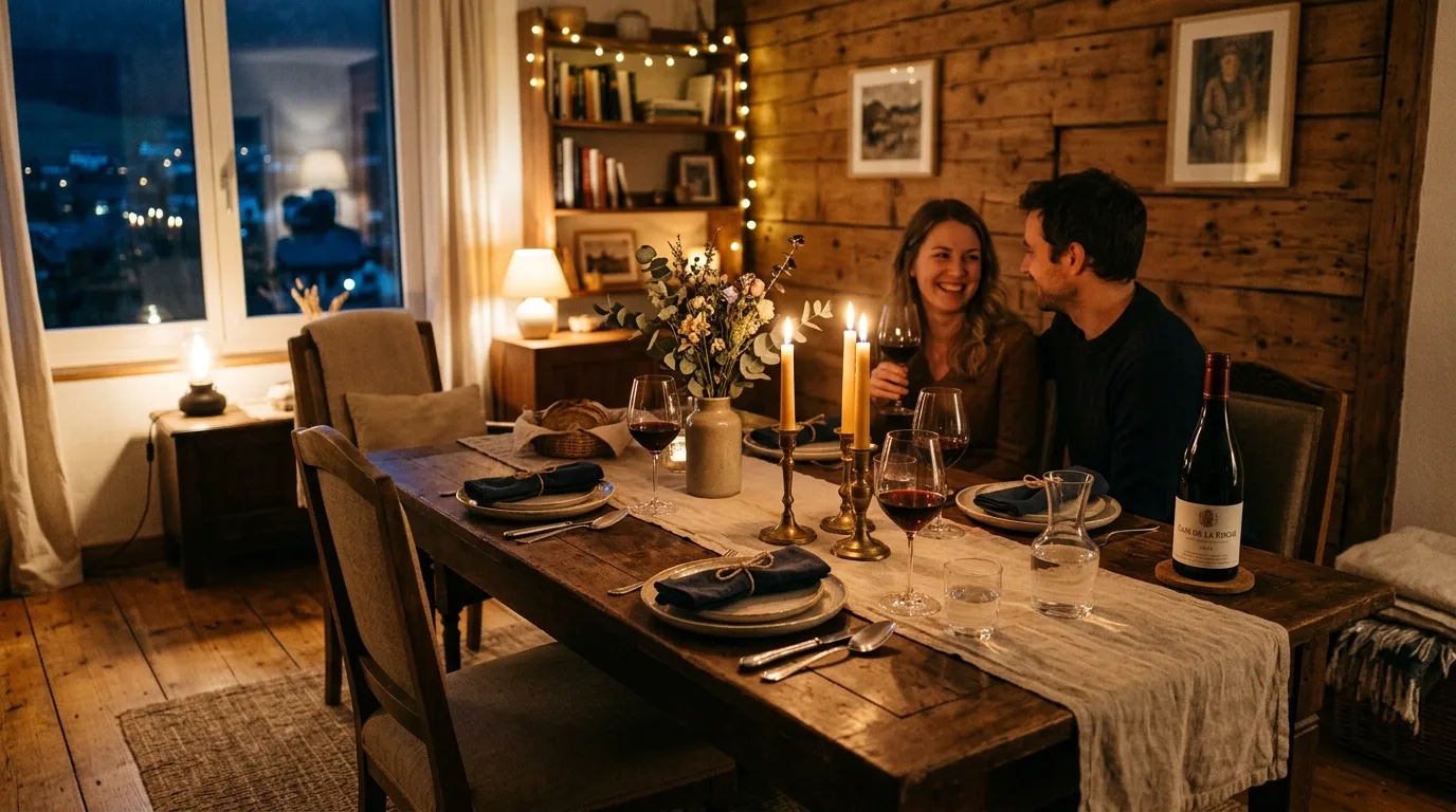 Cozy dining space with candlelit table, linen runner, and warm wood textures