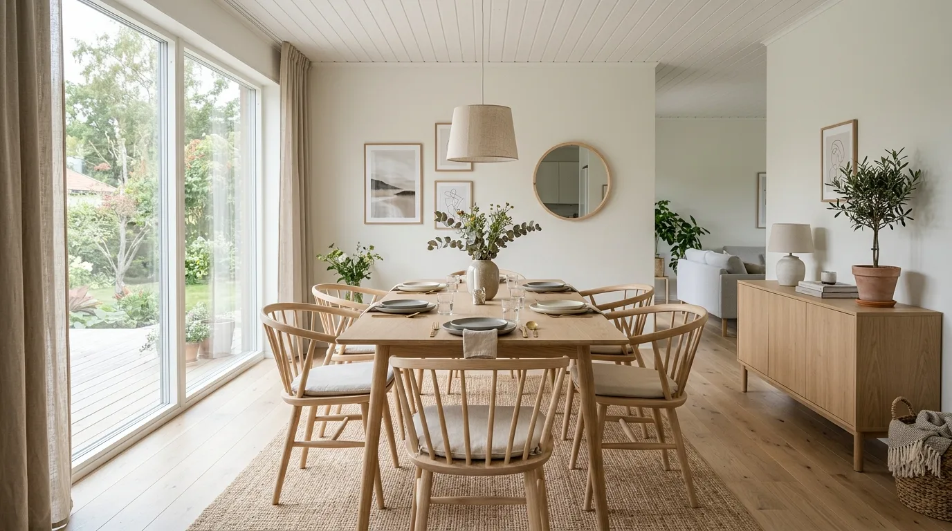 Scandinavian-style dining room with light wood furniture and airy neutral palette