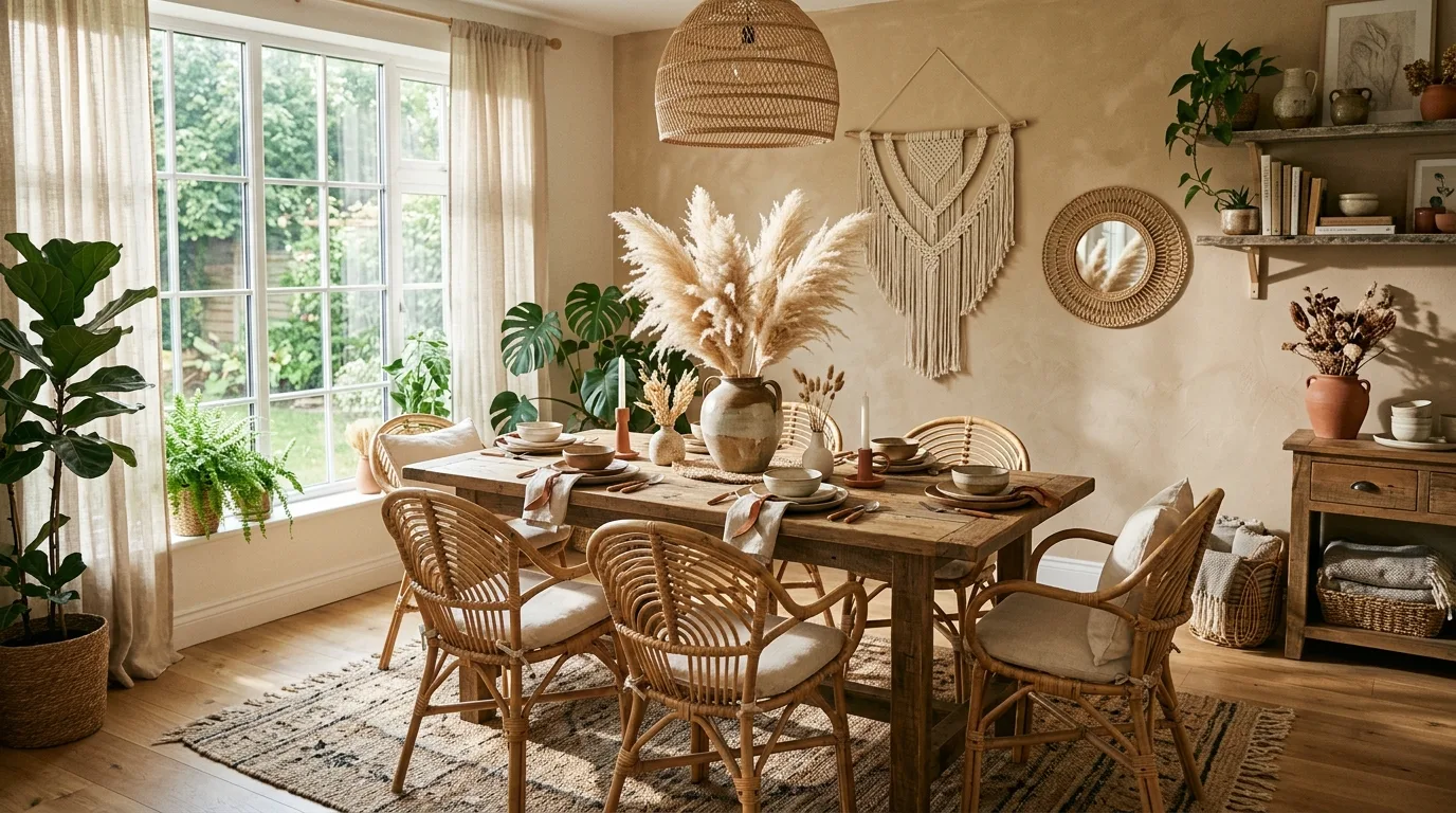 Boho dining room with woven chairs, pampas grass, and earthy tones