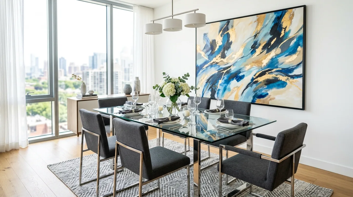 Modern glass dining table with sleek chairs and abstract wall art