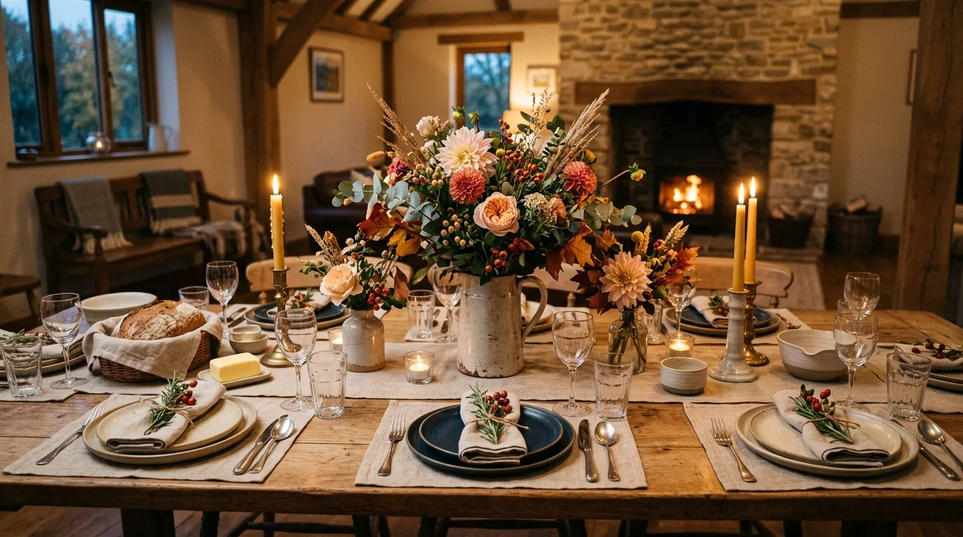 Farmhouse dining table styled with seasonal flowers, candles, and rustic tableware