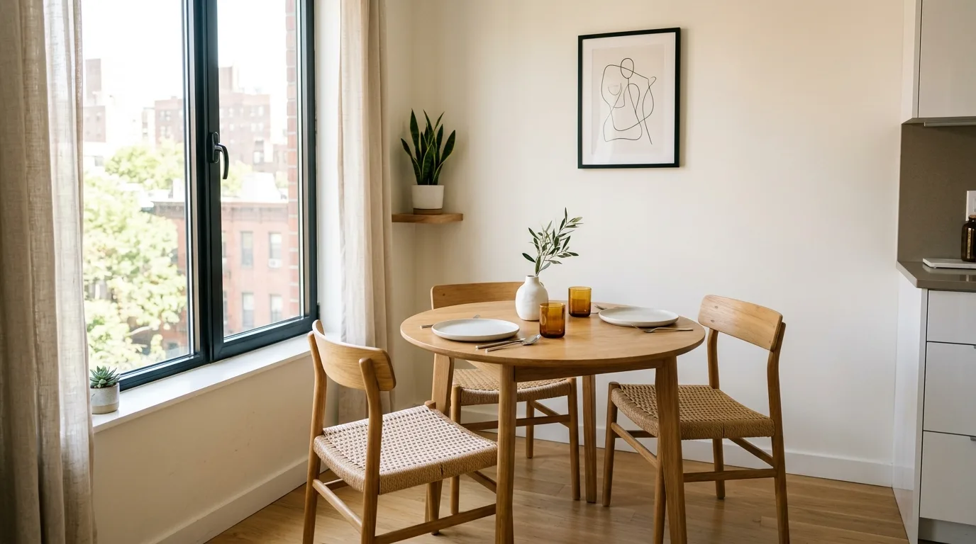 Small apartment dining nook with round table and minimal decor