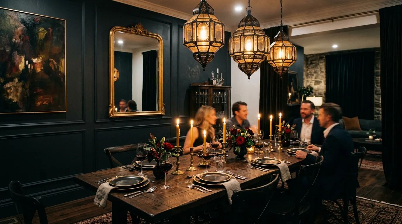 Dramatic dining room with dark accent wall and moody candlelit table setting