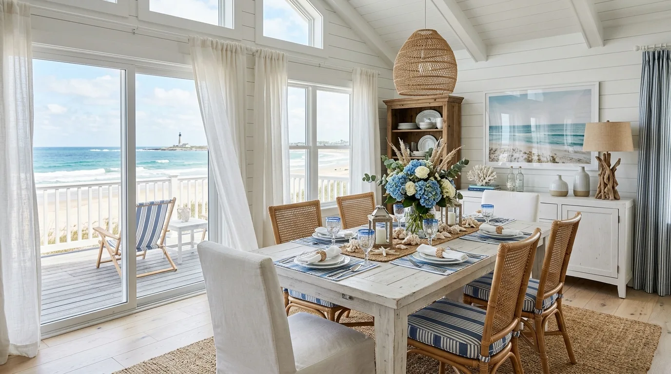 Coastal dining room with white and blue tones, light curtains, and seashell decor