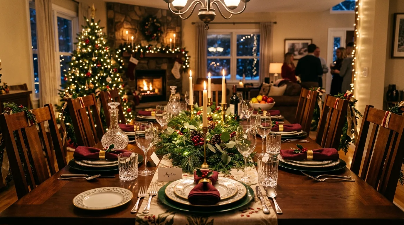 Festive dining room with layered place settings, elegant centerpiece, and warm lighting