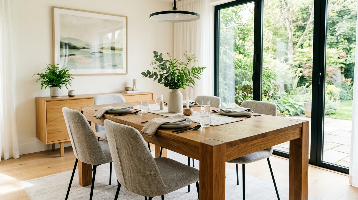 Modern dining room with wooden table, upholstered chairs, and greenery centerpiece