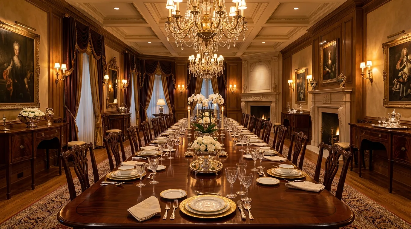 Luxury dining room with polished table, gold chandeliers, and elegant settings