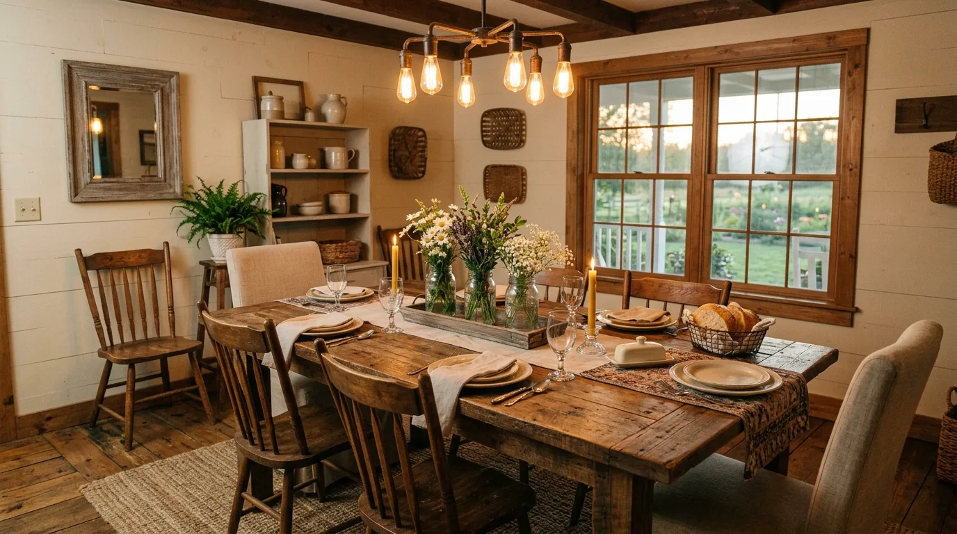 Rustic farmhouse dining room with reclaimed wood table and mason jar centerpiece