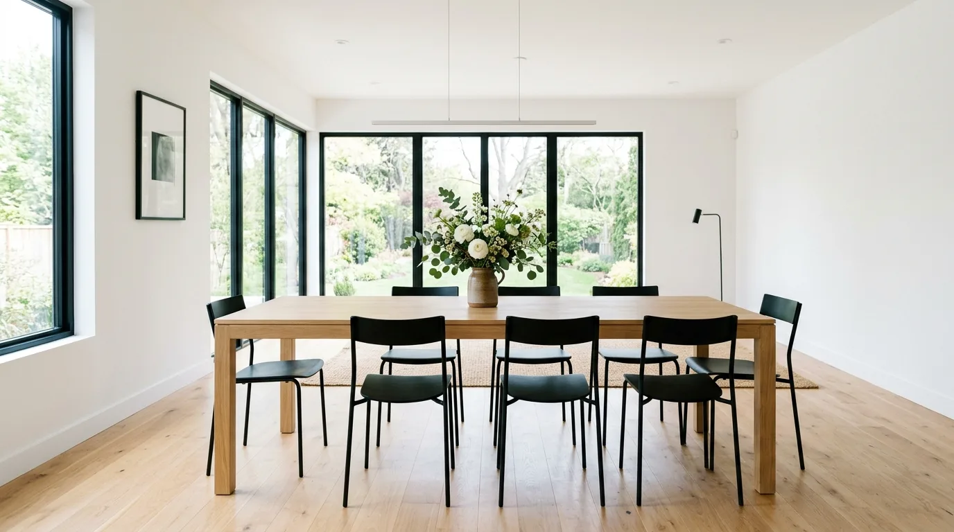 Minimalist dining room with white walls, black chairs, and floral centerpiece
