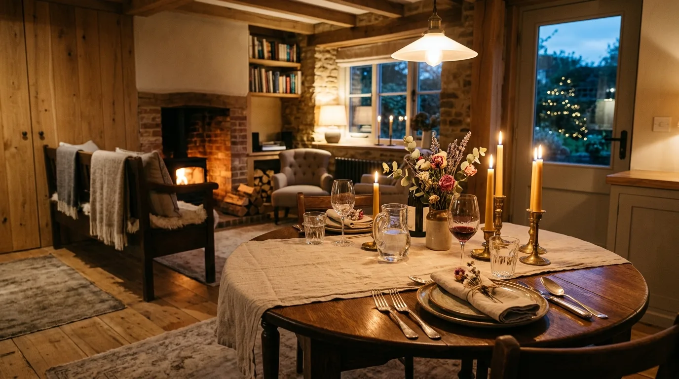 Cozy dining space with candlelit table and warm wood textures