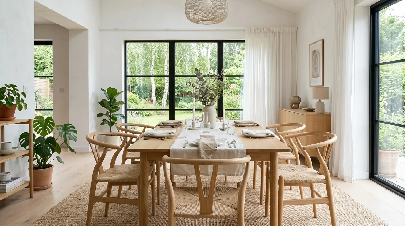 Scandinavian-style dining room with light wood furniture and airy neutral palette