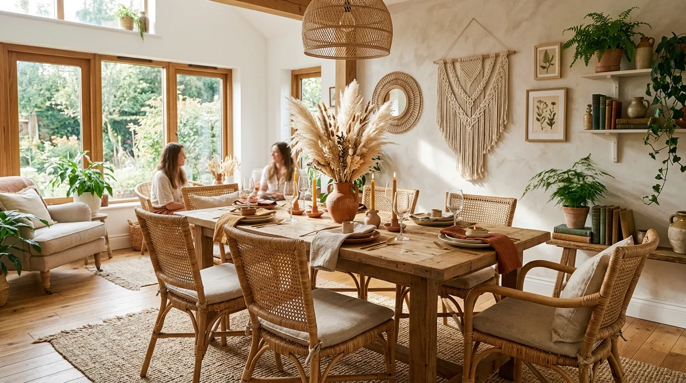 Boho dining room with woven chairs and pampas grass centerpiece