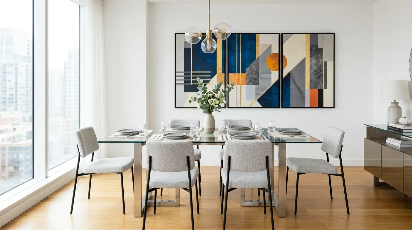 Modern glass dining table with sleek chairs and abstract wall art