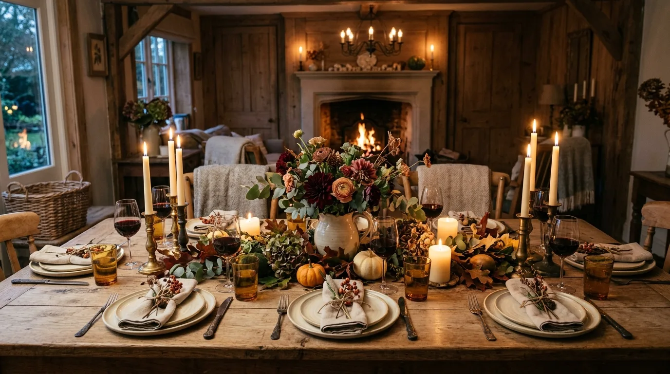 Farmhouse dining table decorated with seasonal flowers, candles, and rustic tableware