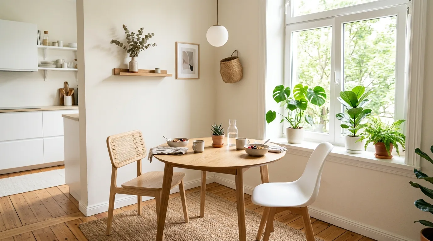 Small apartment dining nook with compact round table and bright natural light