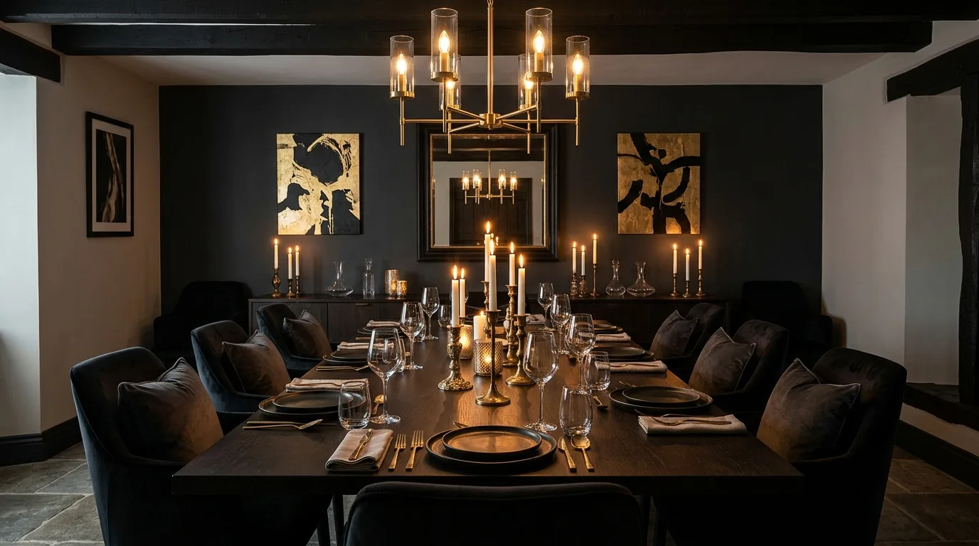 Dramatic dining room with dark accent wall and moody candlelight