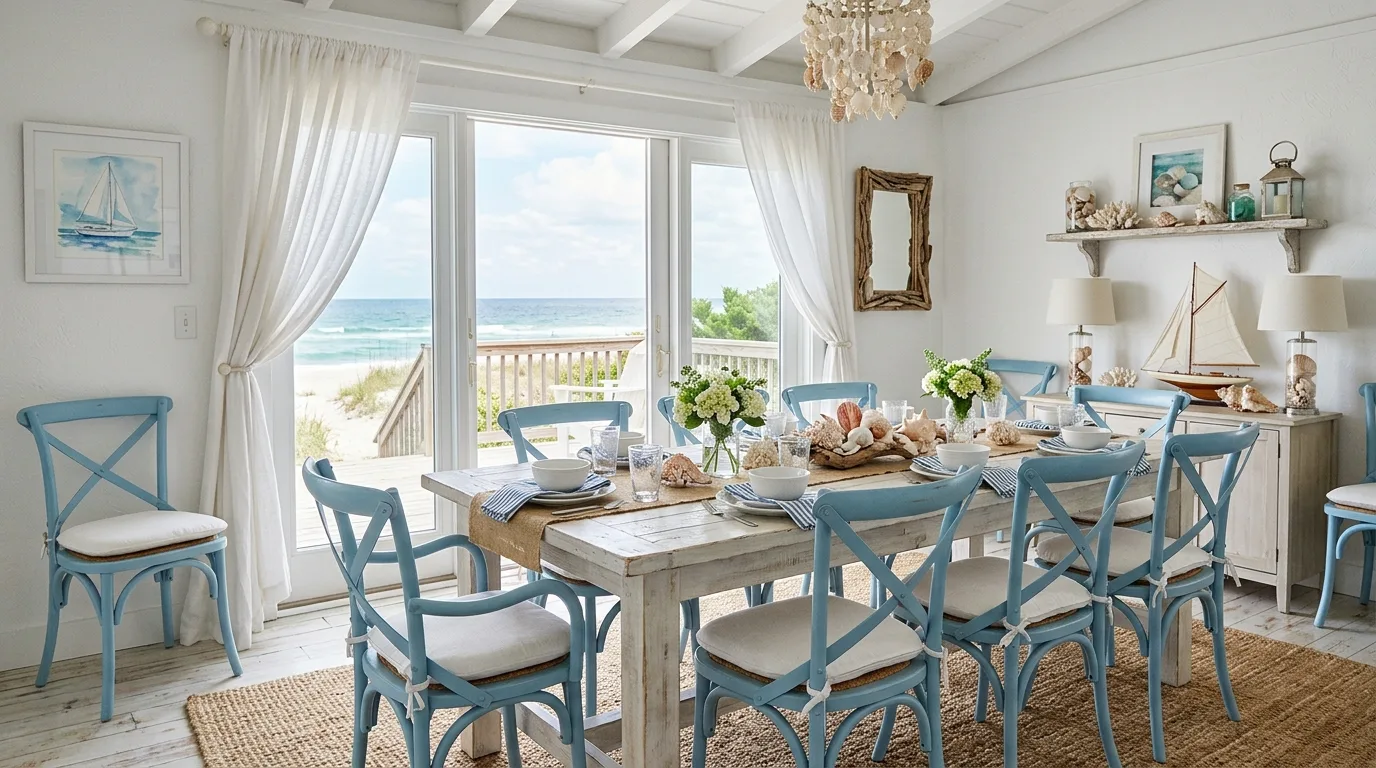 Coastal dining room with white and blue tones and breezy curtains