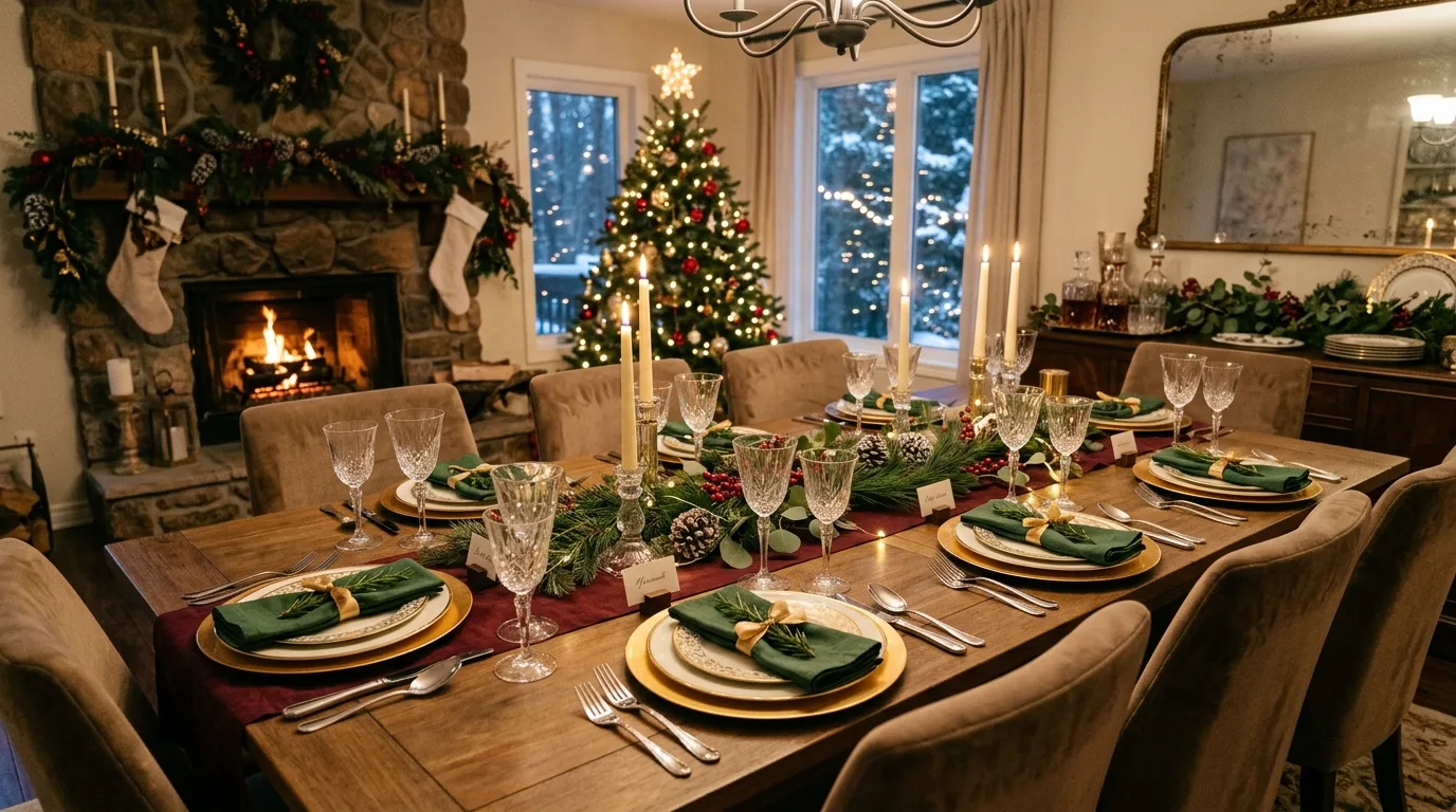 Festive dining room setup with layered table settings and elegant centerpiece