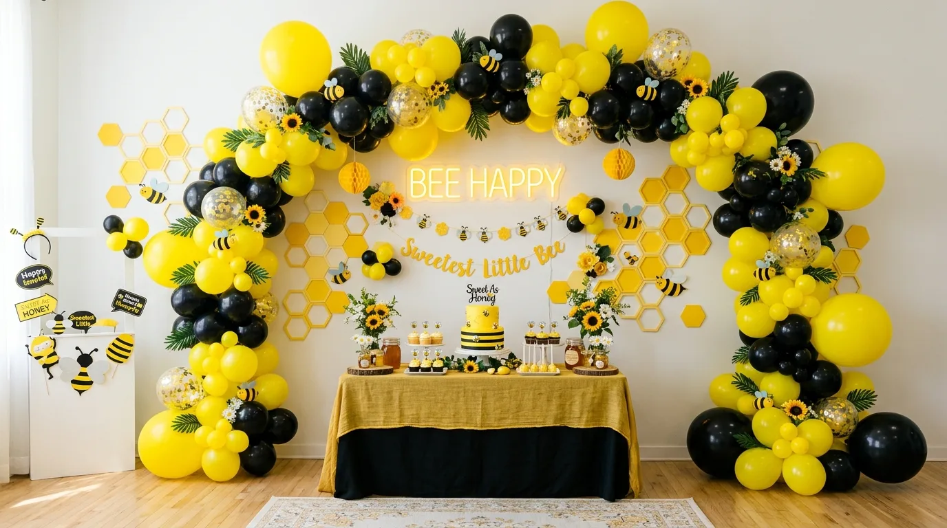DIY bumblebee party backdrop with yellow and black balloon arch and honeycomb details