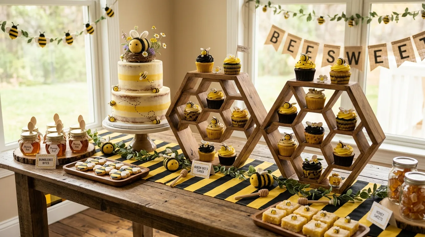 Handmade bumblebee dessert table with honeycomb cupcake stands, bee themed cake, and yellow black table runner