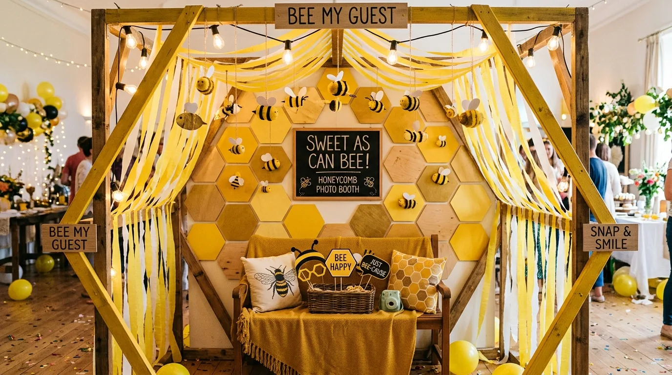 DIY honeycomb photo booth with hexagon wall panels, hanging paper bees, and yellow streamers