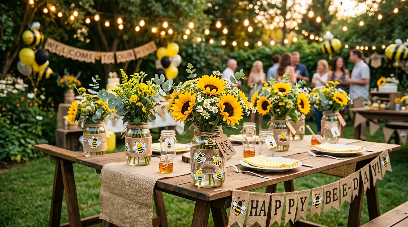 Rustic bumblebee party setup with mason jars wrapped in twine, sunflowers, and bee stickers